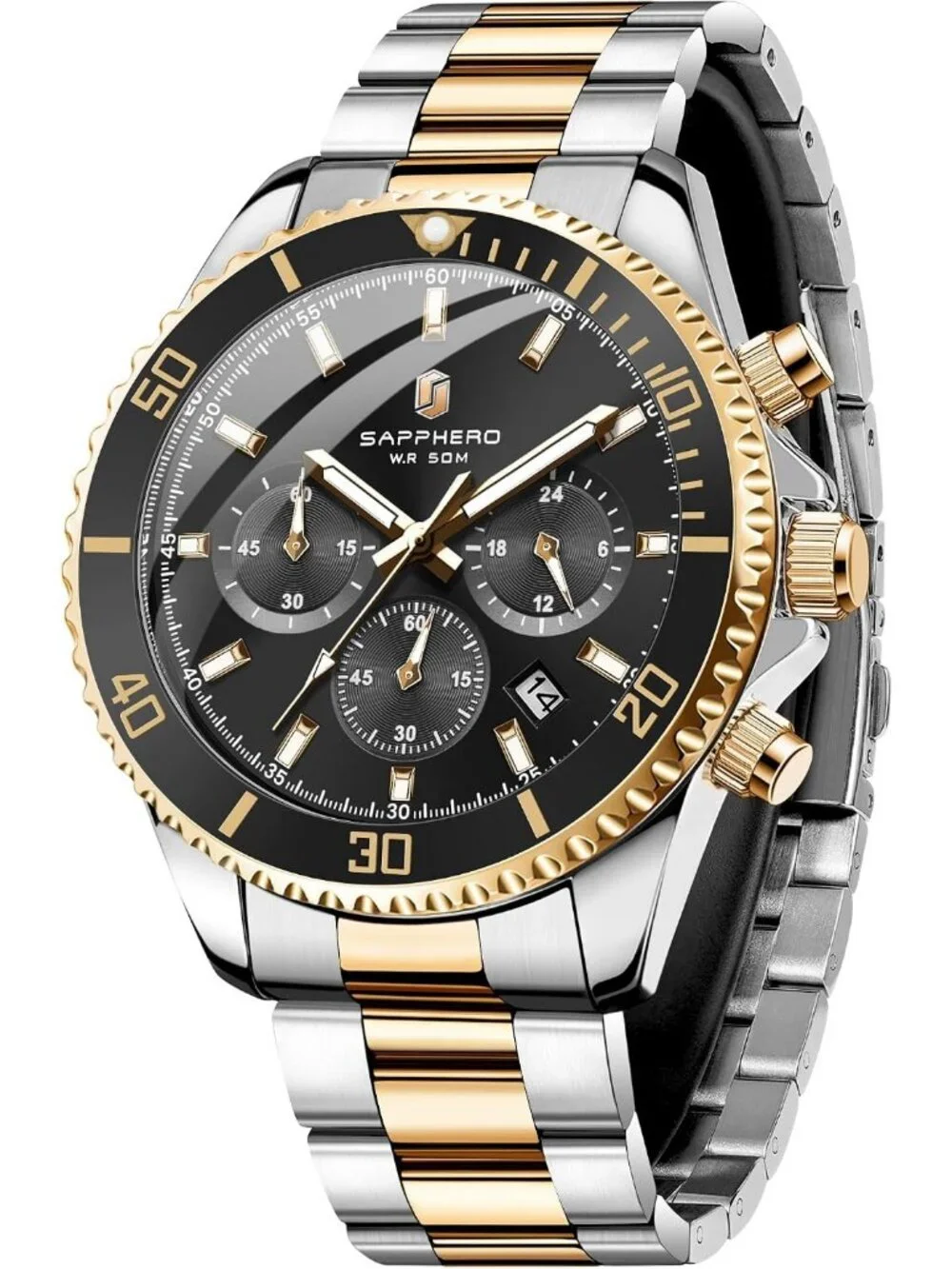Men's Gold Silver Strap Black Face Chronograph Stainless Steel Waterproof Watch